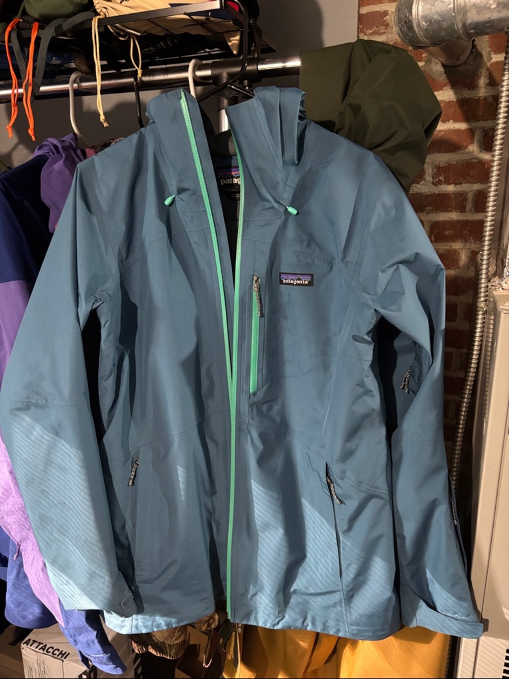 Patagonia Teal Blue Waterproof Hooded Ski Jacket with Mint Zippers